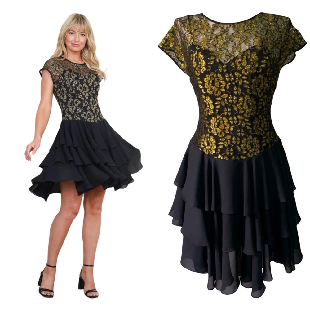 Late Edition PETITE VINTAGE 80s Gold Metallic Dress ‎ Lace illusion SIZE 6